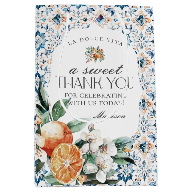 Sacola Para Presentes Média Azulejo Toscana Citrino Laranja Italiano Grego Cos (Frente)