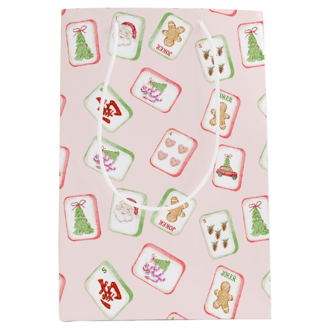 Sacola Para Presentes Média Azulejos de Mahjong de Natal (Frente)
