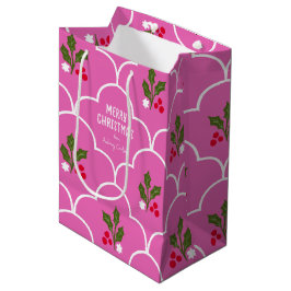 Sacola Para Presentes Média Azulejos de Natal Brilhantes, Rosa