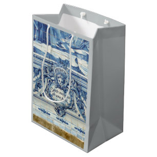 Sacola Para Presentes Média Azulejos de paredes brancas e azuis portuguesas co