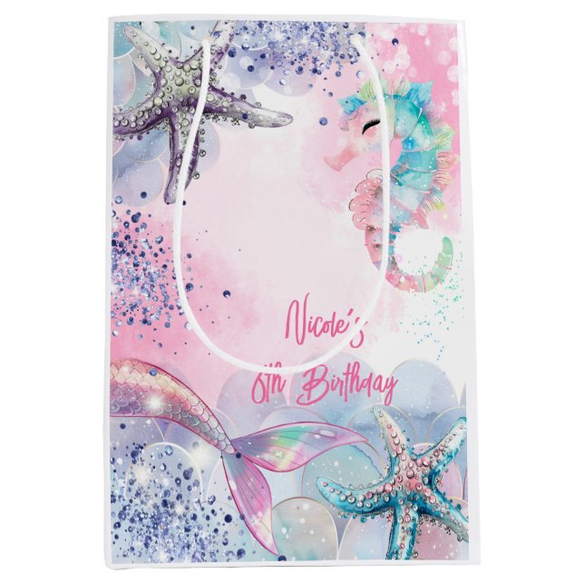 Sacola Para Presentes Média Baça de aniversário de sereia magia submarina (Frente)