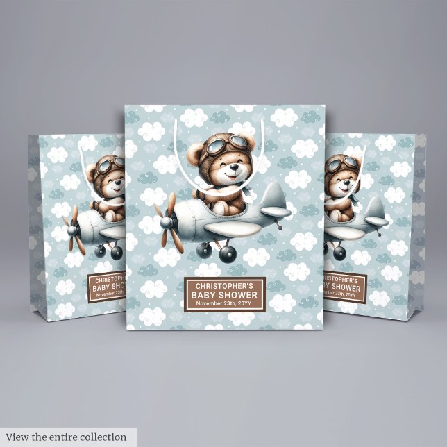 Sacola Para Presentes Média Bag de Chá de fraldas Personalizada com Piloto de  (Personalized Baby Shower Bag With Blue Bear Pilot)
