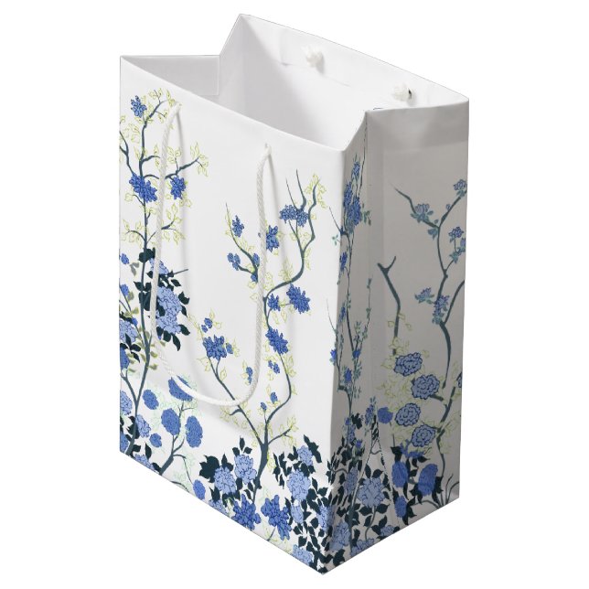 Sacola Para Presentes Média Bag Floral Azul e Branco (Frente inclinada)