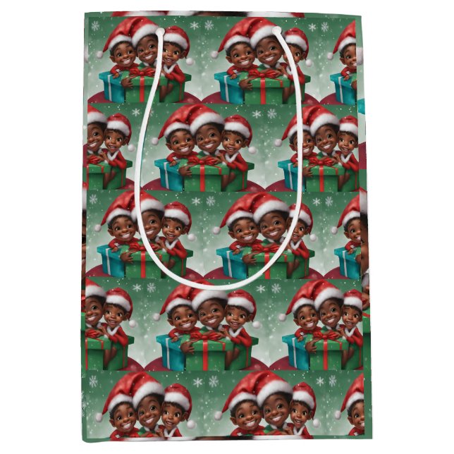 Sacola Para Presentes Média Bag Medium Gift do Elf de Natal Africano Americano (Frente)