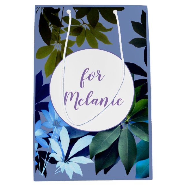 Sacola Para Presentes Média Bagagem Personalizada de Folhagem Azul e Verde (Frente)