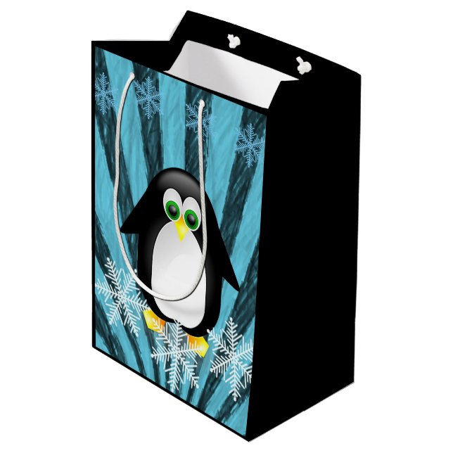 Sacola Para Presentes Média Bagas de presentes de Natal Pinguim (Verso inclinado)