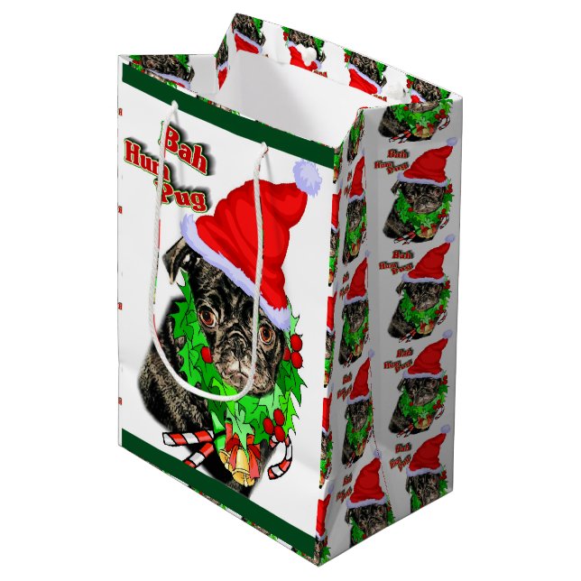 Sacola Para Presentes Média Bah Hum Pug Christmas (Frente inclinada)