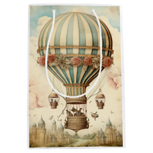 Sacola Para Presentes Média Balão de Ar Quente com Stripe Azul Floral Vintage