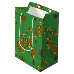 Sacola Para Presentes Média Balas Douradas Festivas no Natal Verde