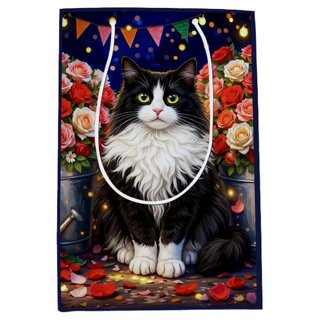 Sacola Para Presentes Média Baldes, Cheios De Rosas ,gato  (Frente)