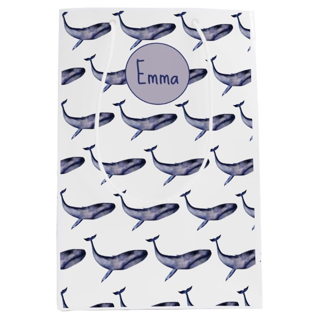 Sacola Para Presentes Média Baleia azul-aquarela (Frente)