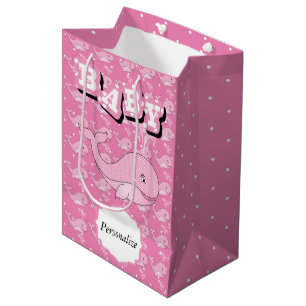 Sacola Para Presentes Média Baleia pontilhada do bebê polca cor-de-rosa