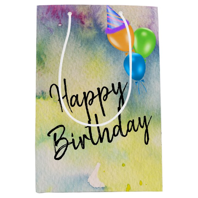 Sacola Para Presentes Média Balões de Aniversário na Aquarela (Frente)