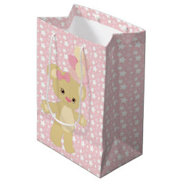 SACOLA PARA PRESENTES MÉDIA BALÕES DE ESTRELAS ROSAS E BRANCAS E URSO DE PELÚC