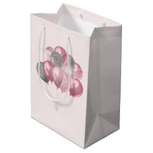 Sacola Para Presentes Média Balões Luminosos Rosa e Prata