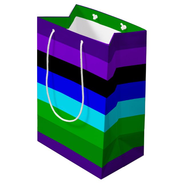 Sacola Para Presentes Média Bandas roxas, pretas, azuis e verdes (Verso inclinado)