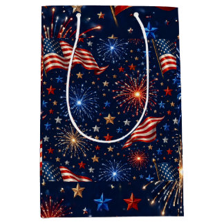 Sacola Para Presentes Média Bandeira com Padrão de Fogos de Artifício Patrióti