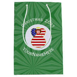 Sacola Para Presentes Média Bandeira de Natal Anjo EUA Personalizada Cabelo Ve