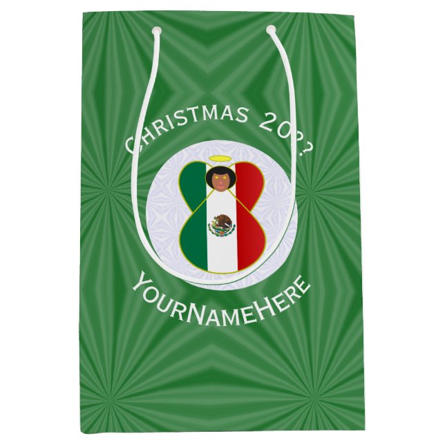 Sacola Para Presentes Média Bandeira de Natal do Anjo Mexicano Personalizada (Frente)