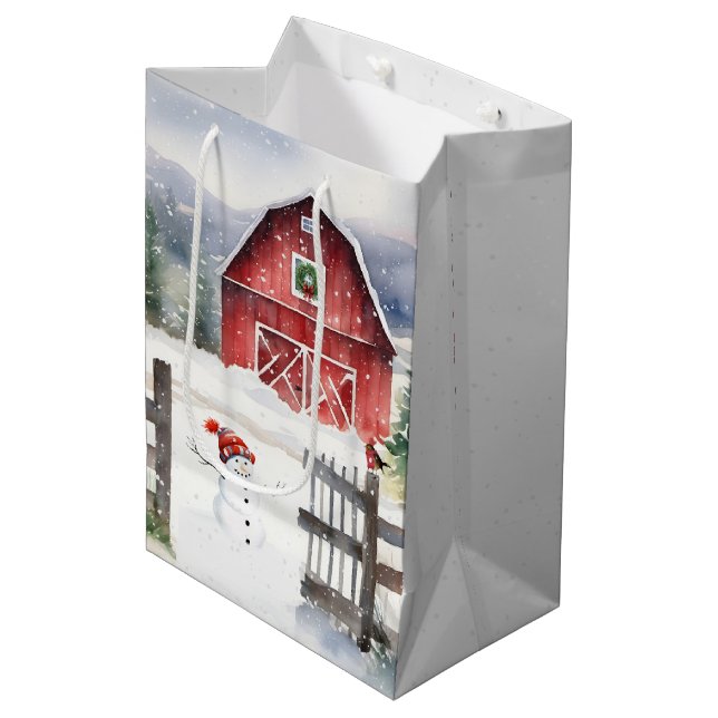 Sacola Para Presentes Média Barn de Natal Aquarela com Neve (Frente inclinada)