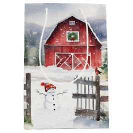 Sacola Para Presentes Média Barn de Natal Aquarela com Neve