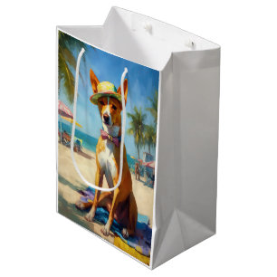Sacola Para Presentes Média Basenji na Praia, presente de verão para amantes d