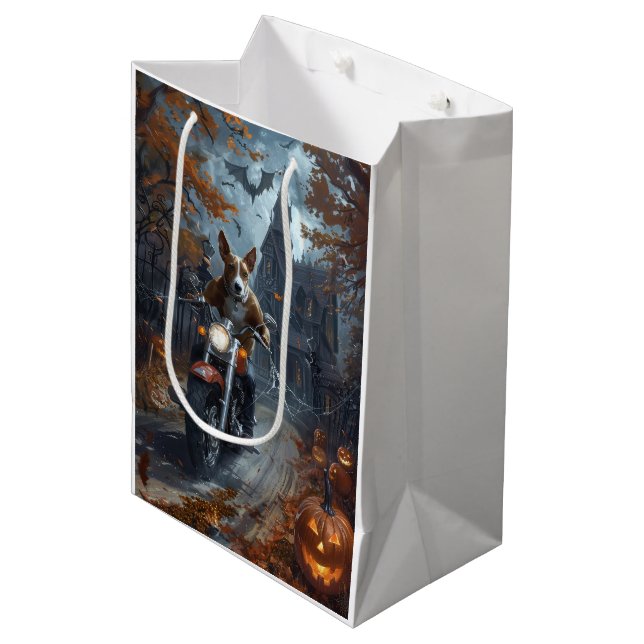 Sacola Para Presentes Média Basenji Riding Motorcycle Halloween Scary (Frente inclinada)