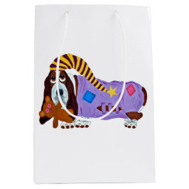 Sacola Para Presentes Média Basset Hound em pijamas com ursinho de pelúcia