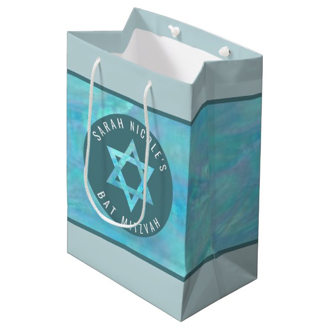 Sacola Para Presentes Média Bat Mitzvah Blue Opal Magen David Personalizado (Frente inclinada)