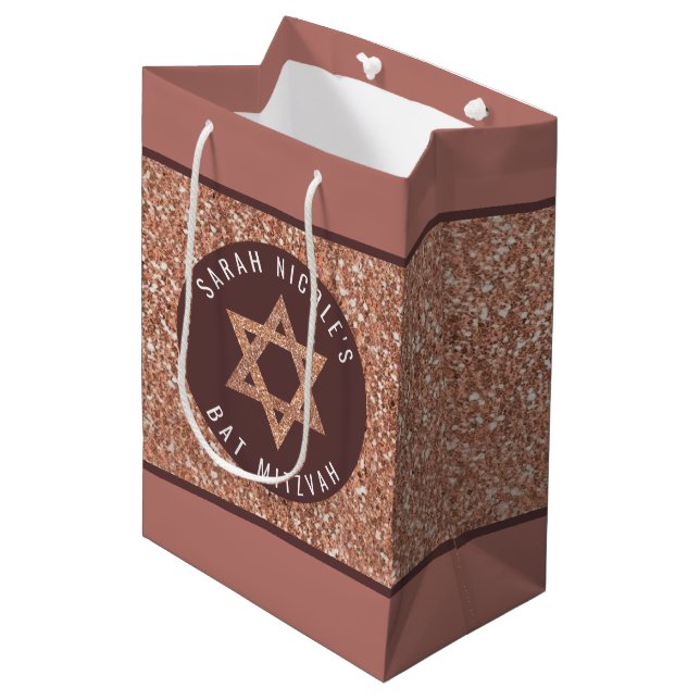 Sacola Para Presentes Média Bat Mitzvah Rosa Dourado Magen David Personalizado (Frente inclinada)