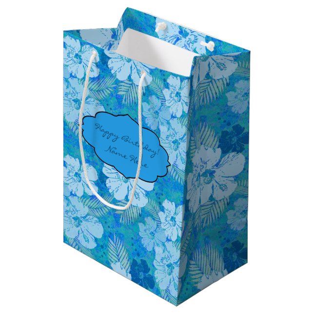 Sacola Para Presentes Média Batik do azul do hibiscus (Frente inclinada)