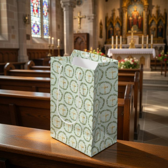Sacola Para Presentes Média Batismo Olive Wreath & Ouro Cross (Criador carregado)