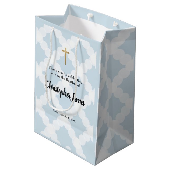 Sacola Para Presentes Média Batismo personalizado Baby Boy Blue Dourado Cross (Verso inclinado)