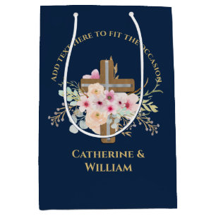 Sacola Para Presentes Média Batismo Personalizado e Cruz Floral de Natal