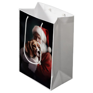 Sacola Para Presentes Média Beagle com Papai Noel Natal Festivo
