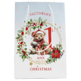 Sacola Para Presentes Média Bear Poinsettia Foliage Bebê Primeiro Natal
