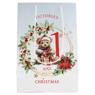 Sacola Para Presentes Média Bear Poinsettia Foliage Bebê Primeiro Natal