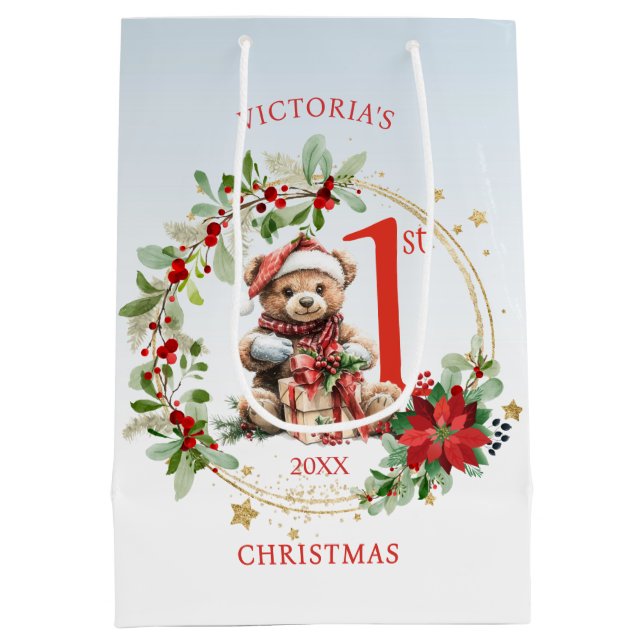 Sacola Para Presentes Média Bear Poinsettia Foliage Bebê Primeiro Natal (Verso)
