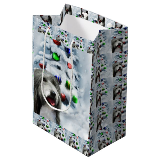 Sacola Para Presentes Média Bearded Collie Christmas (Frente inclinada)