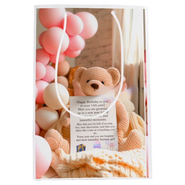 Sacola Para Presentes Média Beary First Birthday Fall Bear Girl 1st Birthday W (Frente)