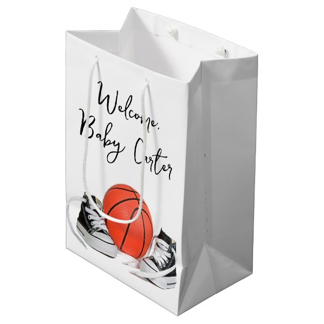 Sacola Para Presentes Média Bebê-Bebê-Bebê-Chuveiro Com Basquete (Frente inclinada)