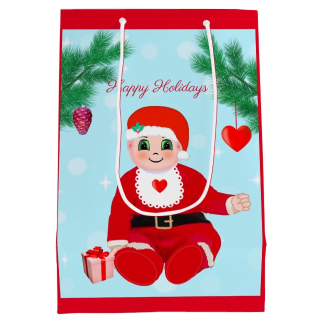 Sacola Para Presentes Média Bebê de Natal, coração e pinheiro (Verso)