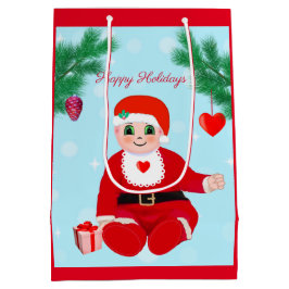 Sacola Para Presentes Média bebê de Natal, corações e pinheiro