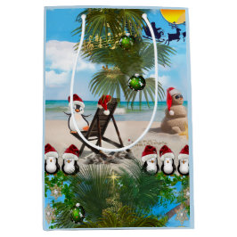 Sacola Para Presentes Média Bebê de Natal de Verão na praia repete Design