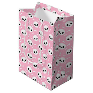 Sacola Para Presentes Média Bebê Fofo Caveira e Ossos Rosa Padrão de Halloween