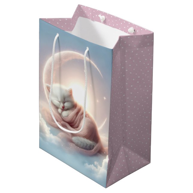 Sacola Para Presentes Média Bebê Gatinha numa Lua Crescente (Frente inclinada)