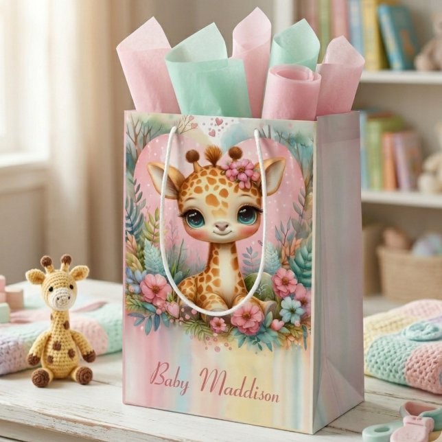 Sacola Para Presentes Média Bebê Girafa Fofa Nome Personalizado (Criador carregado)