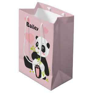 Sacola Para Presentes Média Bebê Panda Bear Corações Rosa Personalizado