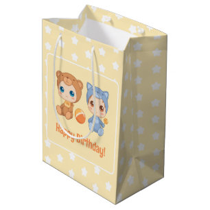 Sacola Para Presentes Média Bebês gêmeos Aniversário Gato Bear Amarelo