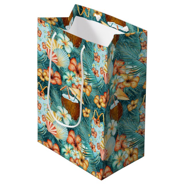 SACOLA PARA PRESENTES MÉDIA BEBIDAS DE COCO TROPICAL FLORES TRAJES DE BANHO (Frente inclinada)